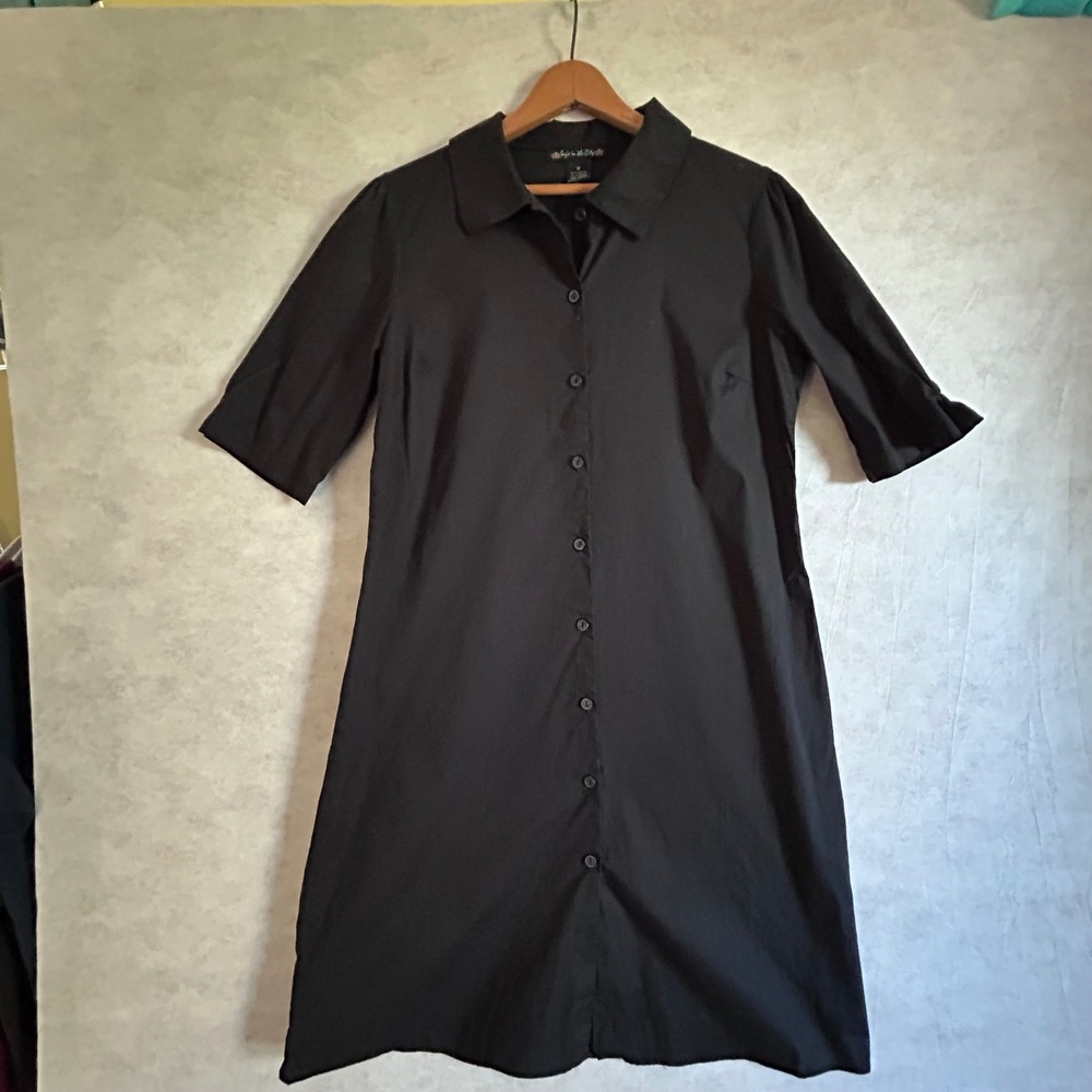 Suzie in the City Black Button Front Shirt Dress Midi 3/4 Sleeve Women's Size M‎
